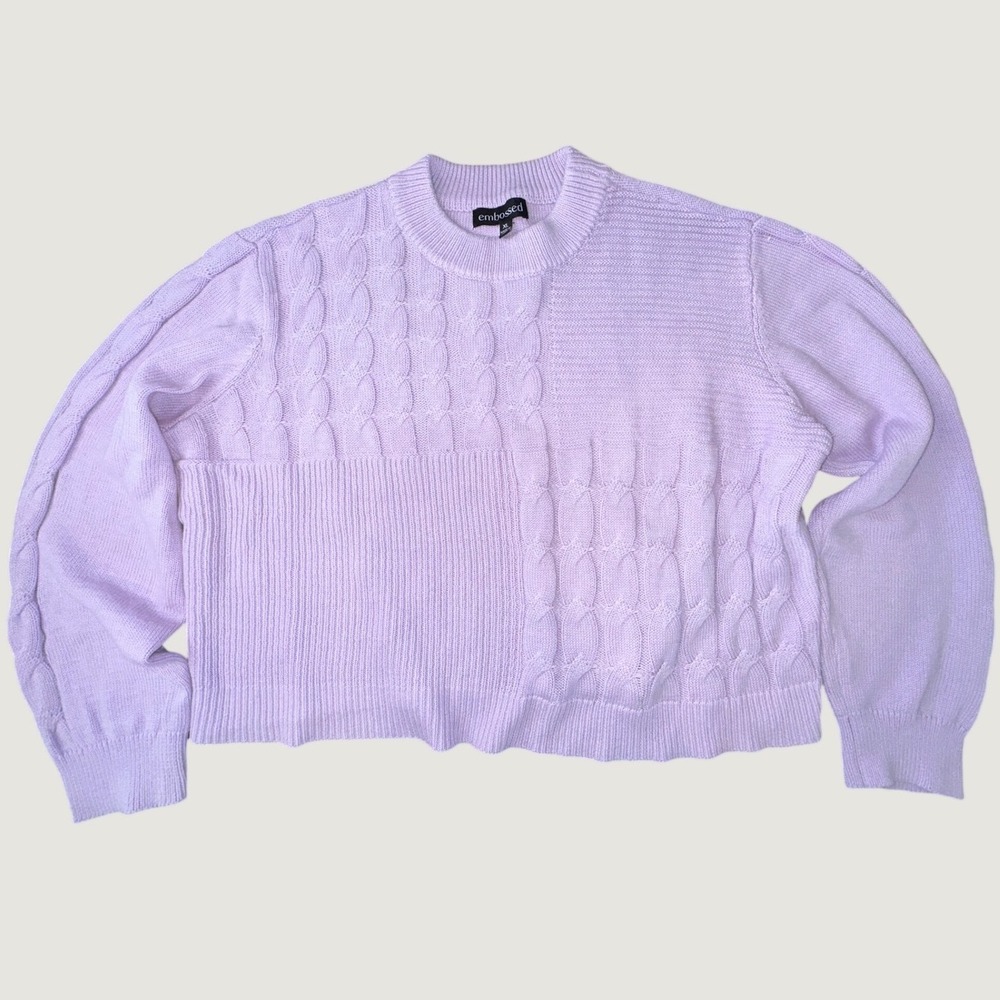 Embossed Lavender Mixed Cable Knit Ribbed Sweater XL Purple Crewneck Pullover